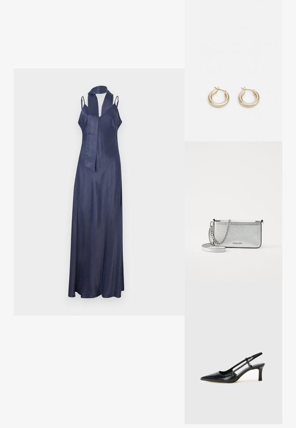 Vestido de cetim navy com decote em V, alças finas e uma silhueta longa e fluida. Apresenta um detalhe de decote com laço. Textura suave.; Salto slingback em patente preta com bico apontado, apresentando um padrão de pele de cobra texturizado, tira ajustável e um salto bloco curto e texturizado.; Bolsa crossbody de couro prateada com um acabamento texturizado, detalhes em corrente e alça, e fecho de zíper. Apresenta um logotipo na parte da frente.; Lauren Ralph Lauren BASIC SMALL HOOP - Brincos - gold-coloured