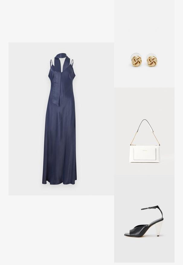 Morska saten haljina s V-izrezom, uskim trakama i dugim, lepršavim siluetom. Ima naglašeni dekolte s vlastitom maramom. Glatka tekstura.; Crne kožne sandale s visokim potpeticama, otvorenim prstima, asimetričnim dizajnom, remenom oko članka i metalnom konusnom potpeticom. Glatka tekstura kroz cijelu cipele.; Bijela kožna torba s teksturiranim završetkom, koja ima zlatni lančić i crne akcentne detalje. Uključuje prednji džep i zatvaranje na patentni zatvarač.; Naušnice na stud s zlatnim tonom i uvrnutim dizajnom. Svaka naušnica ima okruglu prozirnu podlogu za sigurno nošenje.