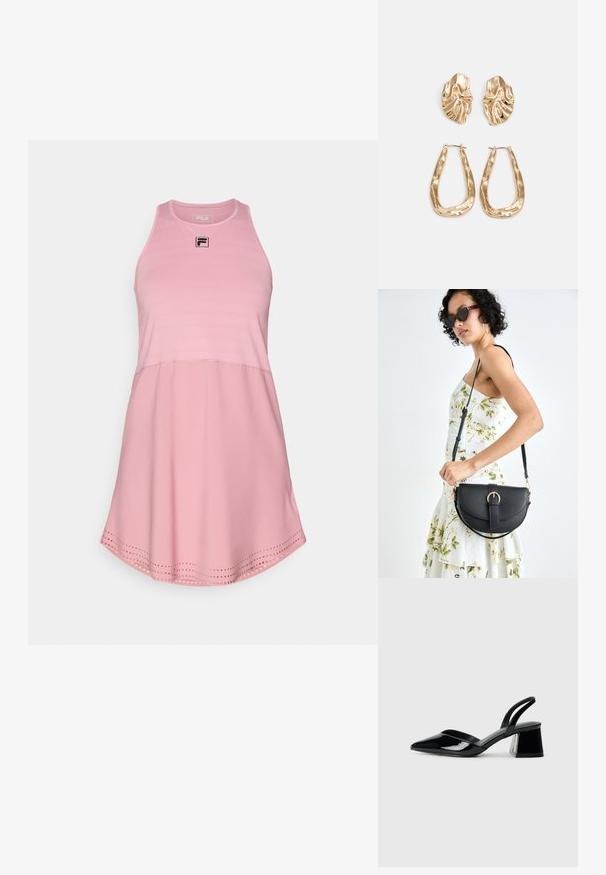 Rozā bezmugurkaula kleita ar noapaļotu apakšmalu, kas iekļauj teksturētu augšdaļu, vienkrāsainu apakšdaļu un FILA logo uz krūtīm.; Melna lakota āda ar atvērto papēdi, ar smailu purngalu un ģeometrisku blokpapēdi. Iezīmējas elegants, minimāls dizains un gluda tekstūra.; Melnas ādas rokassoma ar izliekta formu, noņemamu siksnu un zelta aksesuāriem. Somai ir vāciņš ar sprādzes detaļu.; Zelta krāsas auskari ar teksturētām, viļņotām formām. Iekļauts skulpturāls piespraužams modelis un atvērta gredzenveida konstrukcija ar izsistām virsmām.