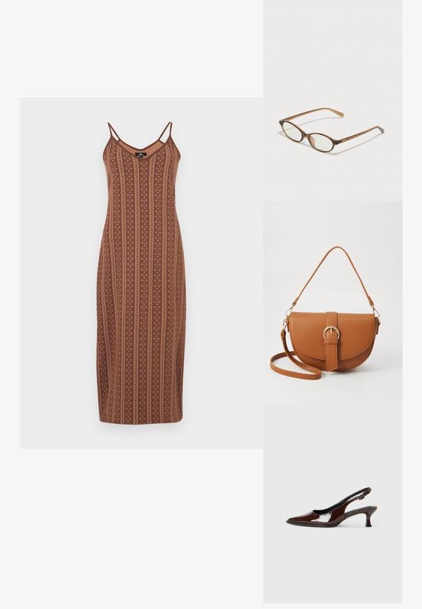 Hnědress, vzorovaný midi šaty s tenkými ramínky, výstřihem do V a vertikálními pruhy; texturovaná tkanina s květinovými motivy a kontrastními detaily.; Hnědé lakované kožené slingback boty s špičatou špičkou a mírným podpatkem. Disponují přezkou pro bezpečné upevnění. Hladký povrch.; Hnědé želvovinové brýle s oválnými skly, tenkými bočními nohami a průhlednými akcenty. Obsahují decentní logo na stranu. Elegantní, lehký design.; Hnědá kožená křížová taška s zakřiveným tvarem, zlatými detaily a akcentem s přezkou. Obsahuje odnímatelný popruh na rameno.