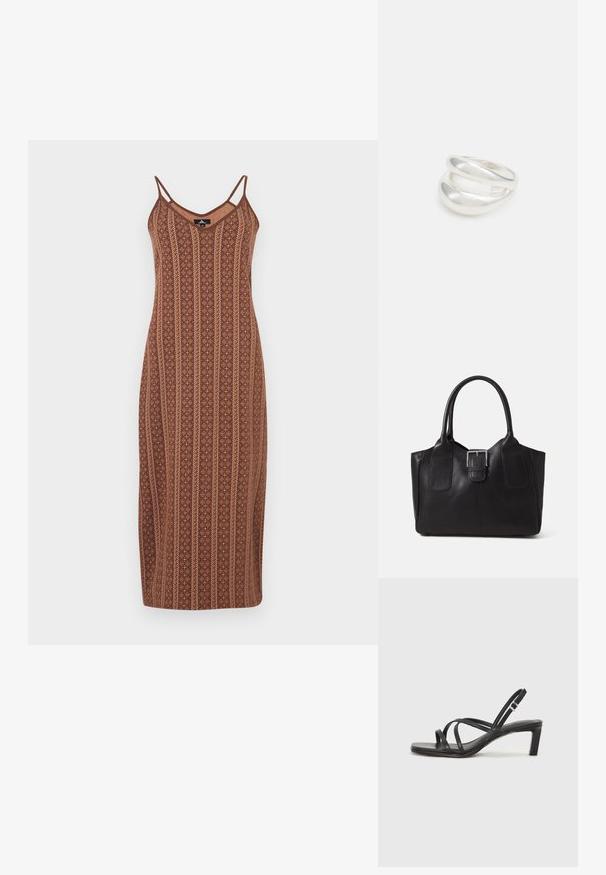 Ruskoperäinen, kuvioitu midi-mekko ohutolkaimilla, v-aukolla ja pystysuorilla raidoilla; teksturoitu materiaali, jossa on kukkakoristeita ja kontrastivärejä.; Mustat hihnalligat, joissa on neliön muotoinen kärki ja matala lohkokorko. Ominaisuuksiin kuuluu useita ohuita hihnoja ja säädettävä nilkkahihna. Valmistettu sileästä nahasta.; Musta nahkainen olkalaukku, jossa on sileä pinta, ryhdikäs muoto, kaksi kahvaa ja silmienpistävä hopeinen solkiyksityiskohta edessä.; Hopeinen kaksinkertainen rengas, jossa on sileä, kiillotettu pinta. Siinä on sulava, kaareva muotoilu, jossa on päällekkäisiä osia modernin ilmeen saavuttamiseksi.