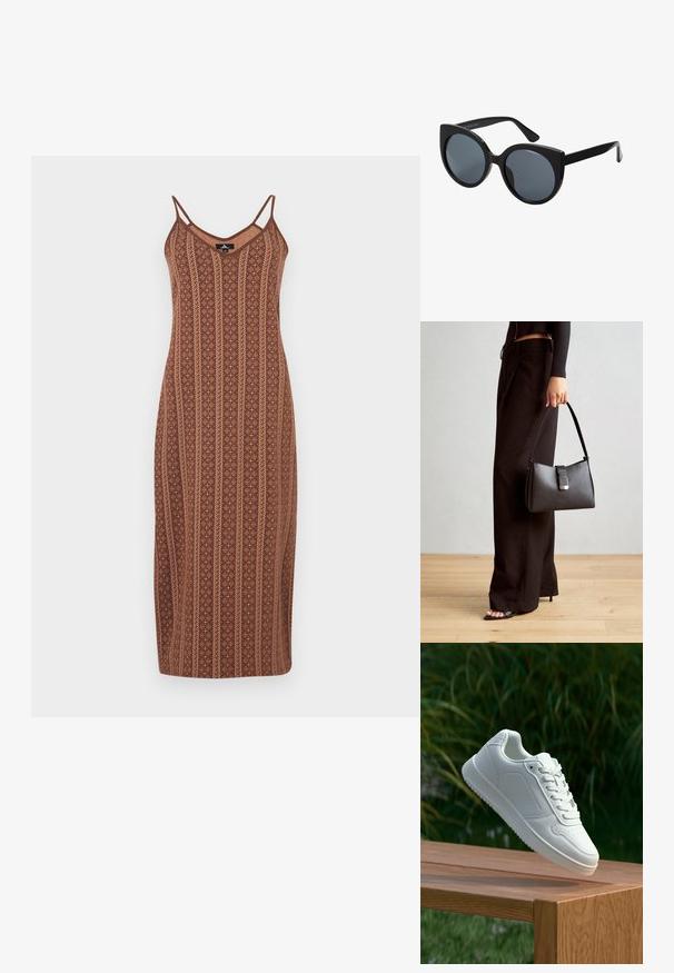 Robe midi marron à motifs avec fines bretelles, décolleté en V et rayures verticales ; tissu texturé avec motifs floraux et détails contrastants.; Sneakers blanches avec une tige synthétique lisse, un avant perforé, des lacets plats et une semelle texturée, présentées sur une surface en bois.; Lunettes de soleil oversize noires en forme d'œil de chat, avec des verres teintés foncés et une monture en plastique brillant. Caractéristiques de branches épaisses pour le soutien.; Sac à main noir à la forme structurée, texture lisse et fermoir métallique. Associé à un pantalon noir ample et des sandales ouvertes sur un sol en bois.