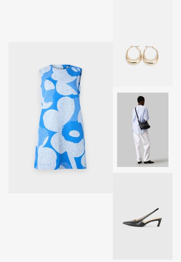 Marimekko SOPIVA UNIKKO - Nappali ruha - blue\white; Fekete, hegyes orrú, slingback cipő alacsony sarkával, sima bőrből készült, oldalt kivágott deisgnal a légáteresztőképesség érdekében.; Fekete bőr válltáska puha tapintással, háromszög alakú, állítható pánttal, világoskék csíkos inggel és fehér nadrággal párosítva.; Aranyszínű, félhold alakú fülbevalók, polírozott felülettel és zsanéros záródással. A sima textúra és a fényes felület fokozza a láthatóságot.