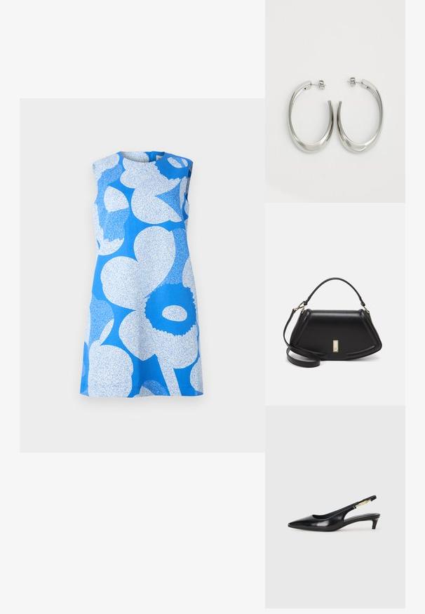 Marimekko SOPIVA UNIKKO - Freizeitkleid - blue\white; Schwarze Leder-Slingback-Pumps mit spitzem Schuhblatt, ausgestattet mit einem schlanken Absatz und einem goldfarbigen Akzent am verstellbaren Riemen. Glatte Textur.; Schwarze Lederhandtasche mit einem strukturierten Design, das eine verkürzte Form, einen oberen Griff und goldfarbene Hardware-Details aufweist. Verstellbarer Schulterriemen ist enthalten.; Silberne Creolen mit einem glatten, geschwungenen Design. Mit einem glänzenden metallischen Finish und Steckverschluss. Keine sichtbaren Muster oder Akzente.