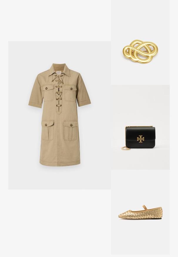Lysebrun kortærmet kjole med knapkrave, snørebånd foran og to skrå lommer ovenfor og nedenfor. Stof i bomuldsstruktur.; Loeffler Randall LEONIE SOFT BALLET FLAT - Ballerinasko m/ rem - gold; Sort læderhåndtaske med guldtonet kædestrop og logo-detalje. Har en rektangulær form med en klap. Glat tekstur.; Guldtonet broche med et knyttet design, der har glatte, buede linjer og en indviklet form, der afspejler en poleret overflade.