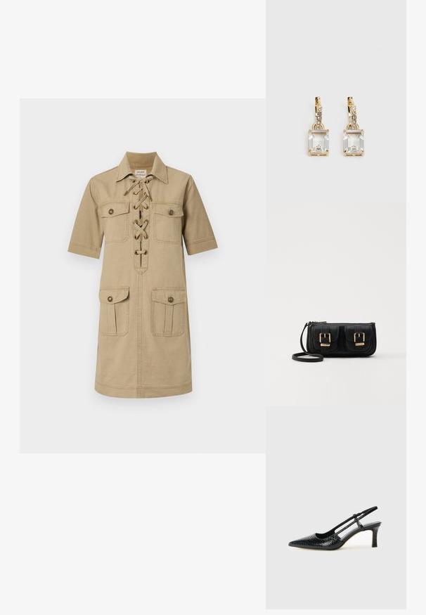 Svetlo rjav kratek oblek s kratkimi rokavi z ovratnikom z gumbi, povezovanjem spredaj in dvema zgornjima in spodnjima žeparjema. Tkanina iz bombaža.; Črne lakaste slingback pete s koničastim nosom, ki imajo teksturiran vzorec kačje kože, nastavljiv trak in kratek teksturiran blok peto.; Črna usnjena torbica čez ramo z dvema sprednjima žepoma, zlatimi zaponkami, zadrgo in ozkim pasom. Tekstura površine je strukturirana, obliko pa ima kompaktno pravokotno.; Zlato obarvani uhani, ki vsebujejo pravokoten, prozoren kristal, obešen pod vrsto majhnih, okroglih prozornih dodatkov. Elegantna, moderna zasnova.