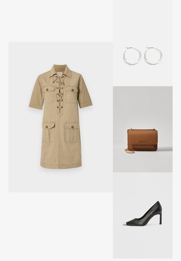 Hellbraues, kurzärmliges Kleid mit einem Button-Down-Kragen, Schnürfront und zwei oberen und unteren aufgesetzten Taschen. Baumwollstoffstruktur.; Schwarzer Lederschuh mit hohem Absatz, spitz zulaufender Zehenpartie und metallischer silberner Spitze. Verfügt über eine glatte Oberfläche und einen schlanken 10 cm hohen Absatz.; Braune strukturierte Ledertasche mit goldener Kettenriemen und Klappenverschluss. Die Vorderseite zeigt ein Logo-Detail und eine Tasche unter der Klappe.; Silberne Creolen zeichnen sich durch ein glattes, rundes Design mit einem schlanken Profil und einem sicheren Verschluss aus. Minimalistischer Stil mit glänzender Oberfläche.