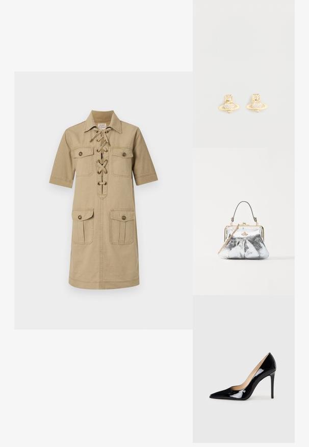 Lichtbruin korte mouwen jurk met een knoopsluiting kraag, vetersluiting aan de voorkant en twee boven- en onderpatch pockets. Katoenen stofstructuur.; Zwarte lakleren hoge hakpumps met een puntige neus en een slanke silhouet. Heeft een gladde, glanzende afwerking en een slanke stilettohak.; Vivienne Westwood GRANNY FRAME PURSE - Handtas - silver; Gouden studs oorbellen met een Saturnus ontwerp, voorzien van een gestructureerde band en ingebedde cirkelvormige kristallen voor extra sprankeling.