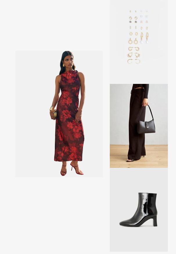Rochie lungă, fără mâneci, într-o nuanță bogată de burgund cu un model floral roșu. Prezintă un decolteu înalt și un material fluid. Asortată cu tocuri roșii.; Botine negre din piele lacuită, cu vârful ascuțit și toc bloc de înălțime medie. Textură netedă și design minimalist.; Genți negre cu o formă structurată, textură netedă și un închizător metalic. Asortată cu pantaloni negri largi și sandale cu vârf deschis pe un podea din lemn.; Set de cercei aurii, cu diverse designuri, inclusiv cercei tip stud, cercei hoop și cercei lungi cu perle și strassuri.