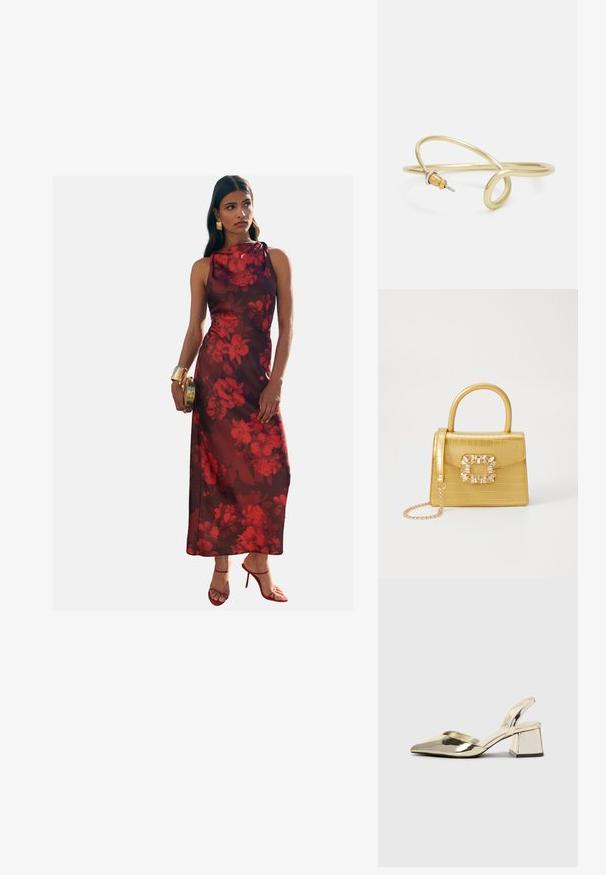 Garā, bezpiedurkņu kleita tumši vīna sarkanā krāsā ar sarkanu ziedu rakstu. Tam ir augsts kakla izgriezums un plūstoša auduma. Saskaņota ar sarkanām augstpapēžu kurpēm.; Zeltaini, metāla kurpes ar siksniņām, norakans purngalis un masīla papēdis. Gluda tekstūra, minimālisma dizains un šaura siksna.; Dzeltena mākslīgā krokodila roku soma ar strukturētu dizainu, augšējo rokturi, noņemamu ķēdes siksniņu un dekoratīvām kristāla rotājumiem aizdares daļā.; Zelta krāsas metāla aproce ar šķidrām, viļņveidīgām formām. Vienā galā ir neliels, izteikts sudraba krāsas akcents.