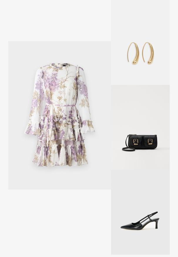 Needle & Thread WISTERIA ROUND NECK MINI DRESS - Occasion wear - moonshine; Black patent slingback heel with a pointed toe, featuring textured snake print, adjustable strap, and a short, textured block heel.; Black leather crossbody bag with two front pockets, gold buckles, zipper closure, and a slim strap. Textured surface and compact rectangular shape.; Gold-tone metal hoop earrings with a curved, elongated shape. Features a smooth, shiny surface and a rounded tip for added detail.