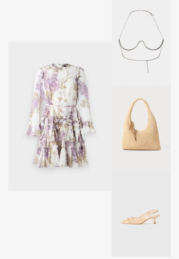 Needle & Thread WISTERIA ROUND NECK MINI DRESS - Svečana odjeća - moonshine; Stuart Weitzman KITTY - Klasične cipele s visokom petom - beige/barely beige; Tkanina bežna torba s zakrivljenim ručkom, teksturiranom površinom i smeškom smeškom od smeđe boje. Ima opušten oblik hobo torbe.; Cult Gaia ASHA BODY JEWELRY - Ostali dodaci - bright shiny silver-coloured