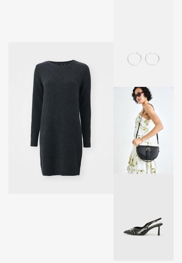 Vestido de lã cinza escuro de manga longa com gola redonda. Textura suave, punhos canelados e fendas laterais para maior conforto ao movimentar-se.; Sapato slingback preto em pele patentada com bico apontado, tiras no tornozelo apresentando fivelas e acessórios prateados, e um salto elegante.; Bolsa de couro preta com forma curva, alça destacável e detalhes em dourado. A bolsa possui uma aba com detalhe de fivela.; Brincos de argola prateados com um design arredondado e elegante, apresentando uma superfície lisa e sem adornos visíveis. Diâmetro não especificado.