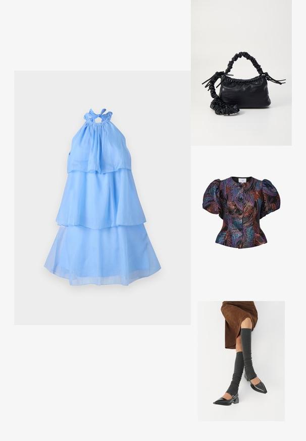 Vestido halter azul claro apresenta três camadas em camadas, tecido suave com uma textura fluida, e um decote franzido com um detalhe de laço.; Blusa de mangas bufantes em preto com padrões de lantejoulas multicoloridas, apresentando um colarinho redondo e fecho de botão na frente. Tecido texturizado.; Sapatos pretos de pele lacada com biqueira pontuda, salto bloco e tiras no tornozelo, combinados com caneleiras cinzas em malha e uma saia de camurça castanha.; Bolsa de mão em couro sintético preto com textura de crocodilo, topo franzido e alça enrugada. Apresenta um design suave e compacto.