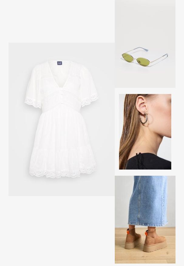 Biela šaty s výstrihom do V, krátkymi puff rukávmi, zapínaním na gombíky vpredu a krajkovou čipkou. Obsahuje tiered sukňu a textúrovanú tkaninu.; Hnedé zamskové platformové čižmy s elastickými bočnými panelmi a oranžovými ťahákmi, v kombinácii s sukňou z ľahkého denimu po kolená, na drevenej podlahe.; Olivové slnečné okuliare s tenkým zlatým rámom a modro akcentovanými stranicami. Oválne šošovky a minimalistický dizajn.; Strieborná kruhová náušnica s lesklým povrchom, obsahujúca malé zlaté akcenty a okrúhly tvar, nosená na lalôčiku ucha.