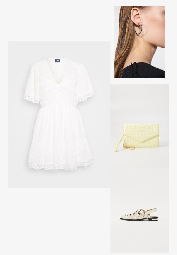 Weißes Kleid mit V-Ausschnitt, kurzen Puffärmeln, Knopfverschluss vorne und Spitzendetails aus Ösen. Verfügt über einen gestuften Rock und strukturierte Stoff.; Slingback-Sandalen aus weißem Leder mit mehreren breiten Riemen und silbernen Schnallen; flache Sohle mit kleinem schwarzem Absatz und metallischen Akzenten.; Gelbe gewebte Clutch-Geldbörse mit Klappen-Design, abnehmbarem Handgelenkriemen und goldener Kettenakzent. Glatte Textur und rechteckige Form.; Silberne Creolen mit polierter Oberfläche, die kleine goldene Akzentdetails und eine runde Form aufweisen, am Ohrläppchen getragen.