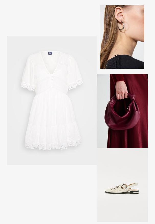 Witte jurk met een V-hals, korte pofmouwen, knopen aan de voorkant en een kanten rand van oogjes. Heeft een gelaagde rok en een gestructureerde stof.; Slingback sandalen van wit leer met meerdere brede banden en zilveren gespen; platte zool met een kleine zwarte hak en metalen accenten.; Bordeaux leren handtas met een zacht, gegathered ontwerp en een ronde vorm. De handgreep is stevig bevestigd en toont een gladde textuur.; Zilveren oorbel met een gepolijste afwerking, met kleine gouden accentdetails en een ronde vorm, gedragen op de oorlel.