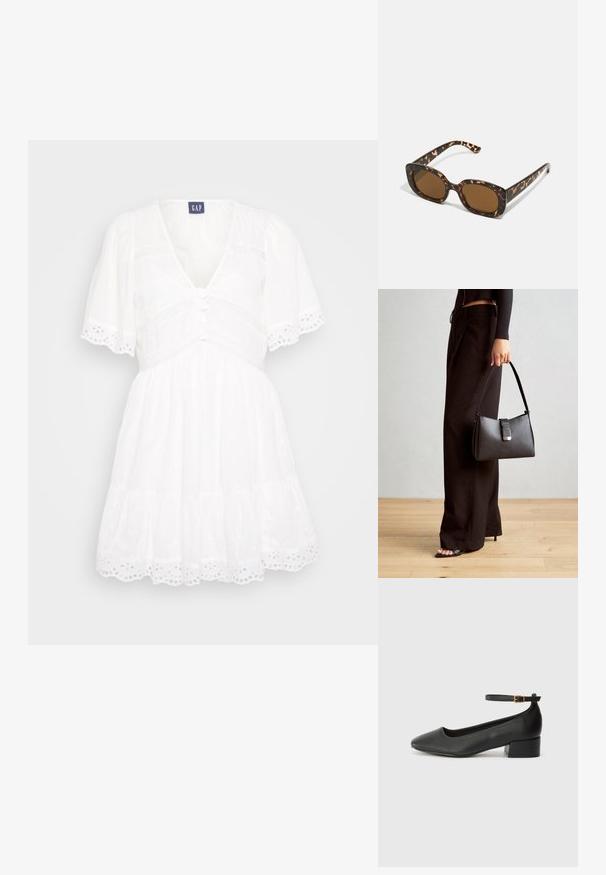 Witte jurk met een V-hals, korte pofmouwen, knopen aan de voorkant en een kanten rand van oogjes. Heeft een gelaagde rok en een gestructureerde stof.; Zwarte leren pump met een spitse neus en een lage blokhak. Beschikt over een enkelband met een goudkleurige gespsluiting. Gladde textuur.; Tortoiseshell zonnebril met een ronde, stevige montuur en bruine lenzen. Heeft subtiele patronen en rechte, taps toelopende veren.; Zwarte handtas met gestructureerde vorm, gladde textuur en een metalen sluiting. Gecombineerd met brede zwarte broeken en sandalen met open teen op een houten vloer.