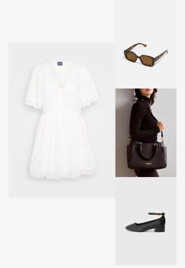 Vestido branco com decote em V, mangas curtas bufantes, frente com botões e acabamento em renda de olho de perdiz. Apresenta uma saia em camadas e tecido texturizado.; Sandal de pele preta com bico pontiagudo e um salto bloco baixo. Apresenta uma tira no tornozelo com uma fivela em tom dourado. Textura suave.; Óculos de sol tartaruga com uma armação redonda e robusta e lentes castanhas. Apresenta padrões subtis e hastes direitas e afinadas.; Bolsa preta com superfície texturizada, alças superiores duplas e alça de ombro ajustável. Apresenta ferragens em tom dourado e bolsos laterais.