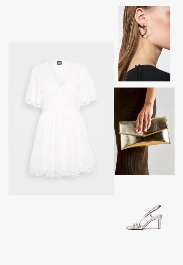 Hvid kjole med V-udskæring, korte puffærmer, knapfront og øjenlidsnitskant. Har en lagdelt nederdel og tekstureret stof.; Metallic sølv højhælet sandal med åben tå, der har tre tynde stropper over foden og en ankelstrop med spænde.; Guldmetalisk clutch-taske med en glat tekstur, der har en trekantet klaplukning. Den hånd, der holder den, har pænt manicurede negle.; Sølv hoop ørestik med en poleret overflade, prydet med små guld accenter og en rund form, båret på øreflippen.