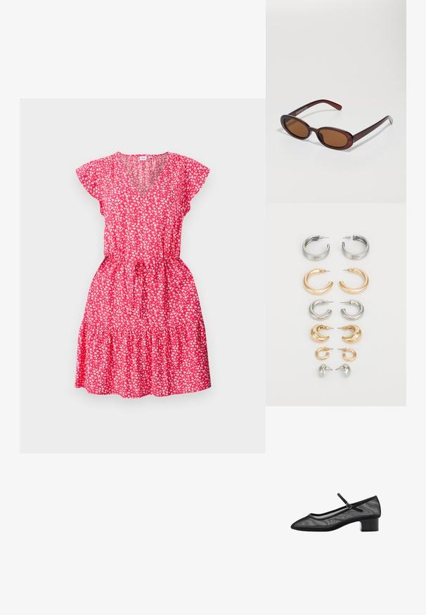 Rochie roșie cu flori, cu mâneci scurte tip fluture, decolteu în V, talie strânsă și tiv cu volane în straturi, confecționată dintr-un materiale ușor.; Pantofii din plasă negri cu vârful ascuțit, un toc mic și detalii cu bandă în jurul gleznei. Au o textură netedă și un design minimalist.; Ochelari de soare rotunzi, cu nuanțe de brown și cu un cadru lucios de burgund. Brațe subțiri cu detalii subtile de branding. Design cu lentile plate.; Set de opt cercei din metal în tonuri de argint și aur. Include diverse stiluri de cerc, texturi și finisaje, aranjate după dimensiune.