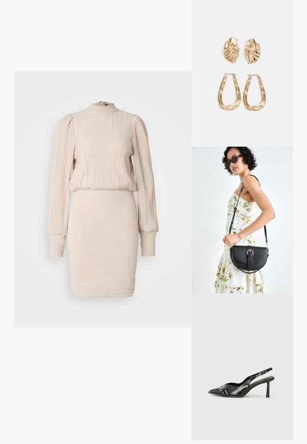 Bež ribatudrags kõrge kaelusega, pikkade puff-särkidega ja vormitud seelikuosaga. Pleedi tekstuur kogu ulatuses, elastne vöökoht ja mansetid.; Must musta nahk kingad sanga ja terava ninaga, ankle strapidega, millel on hõbedased pandlad ja riistvara ning õhuke konts.; Mustmust mustraha kõverate joontega, eemaldatava rihmaga ja kuldsete detailidega. Kotil on klapp, millel on pandladetail.; Kuldse värvi kõrvarõngad, mis on kaunistatud tekstuursete ja laineliste kujunditega. Komplektis on skulpturaalsed klamber kõrvarõngad ja avatud rõngasdisain, millel on lõhestatud viimistlus.