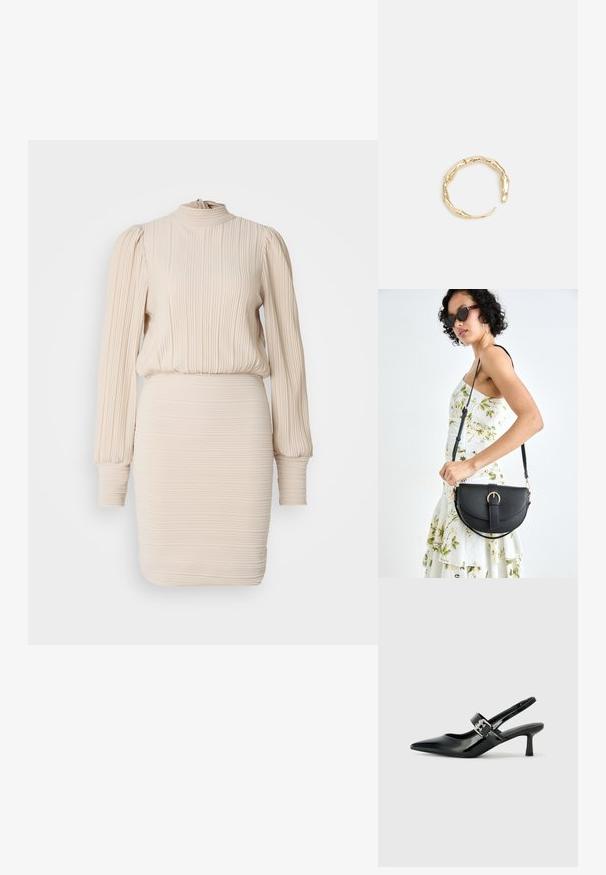 Biskvito spalvos raukšlėtas suknelė su aukštu kaklu, ilgomis pūstomis rankovėmis ir prigludusia sijonu. Visame ilgyje raukšlėta tekstūra, su elastine juosta juosmens ir rankogalių srityje.; Juodai lakuoti slingback aukštakulniai su smailiu kojų pirštu ir mažais blokiniais kulniukais, su sidabro sagtimi ant dirželio.; Juodas odinis krepšys su išlenkta forma, nuimamu dirželiu ir auksiniais detalėmis. Krepšys turi kilpą su sagtimi.; Auksinės spalvos žiedas, turintis organišką, sukimosi dizainą su lygiu paviršiumi ir siaurėjančiais galais, sukuriantis modernią skulptūrinę išvaizdą.