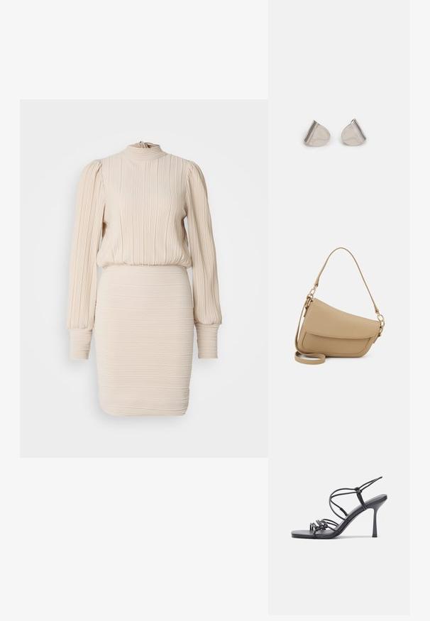 Rochie bej cu dungi, cu gât înalt, mâneci lungi puff și fustă ajustată. Textură plisată pe întreaga rochie, cu elastic la talie și la manșete.; Sandale negre cu toc înalt au curele subțiri cu un design legat, un vârf pătrat neted și un toc stiletto elegant.; Even&Odd Geantă de mână - beige; Cercei din metal argintiu cu o formă netedă, în formă de lacrimă și un finisaj lucios. Gravuri subtile adaugă detalii. Design minimalist.