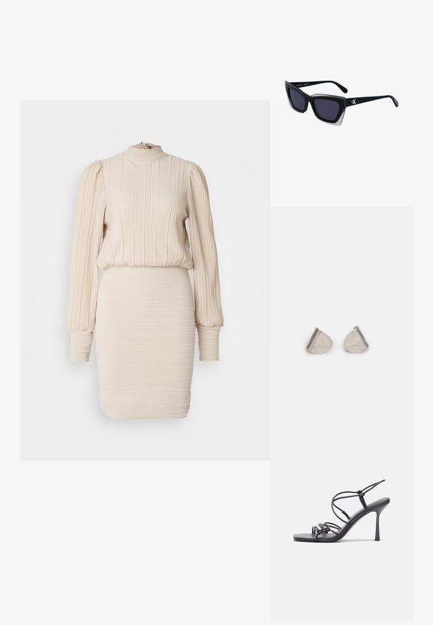 Bēšā ribotā kleita ar augstu apkakli, garām puff piedurknēm un pieguļošu svārku. Visā kleitā ir krokota tekstūra, ar elastīgo jostu un aprocēm.; Melnas augstpapēžu sandales ar plāniem siksniņām un mezgla dizainu, gluda kvadrātveida purngalu un elegantu stiletto papēdi.; Melni pārmēru saulesbrilles ar ģeometrisku formu, kas aprīkotas ar tumšiem stikliem un kontrastējošu pelēku akcentu uz rāmja. Logo uz kājas.; Sudraba metāla auskari ar gludu, asarveida formu un pulētu apdari. Smalkas gravējumi pievieno detalizāciju. Minimālisma dizains.