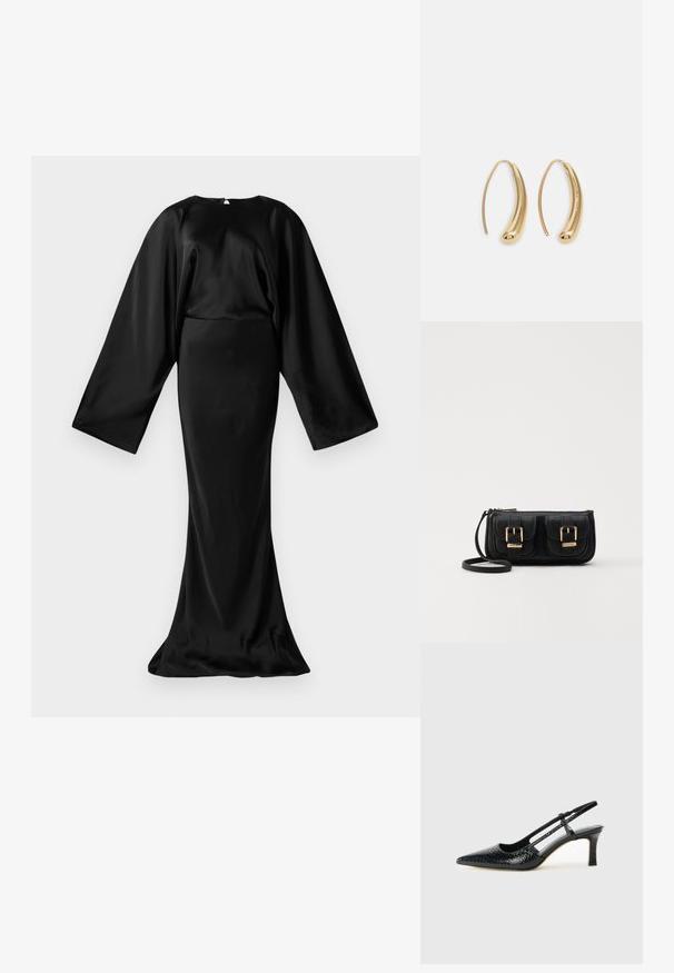 Juodas atlasinis ilgas suknelė su plačiomis puspirštėmis rankovėmis ir prigludusiu mermaid stiliaus sijonu ant balto fono.; Juodai lakuoti slingback aukštakulniai su smailiu nosiu, su tekstūruotu gyvatės raštu, reguliuojama juosta ir trumpu, tekstūruotu blokiniu kulnu.; Juodas odinis per petį nešiojamas krepšys su dviem priekiniais kišenėmis, auksiniais sagtimis, užtrauktuko uždarymu ir siauromis petnešomis. Textūruota paviršius ir kompaktiškas stačiakampis formatas.; Auksinės metalinės auskarų kabės su lenktą, pailgą forma. Turi lygų, blizgantį paviršių ir užapvalintą galiuką papildomam akcentui.