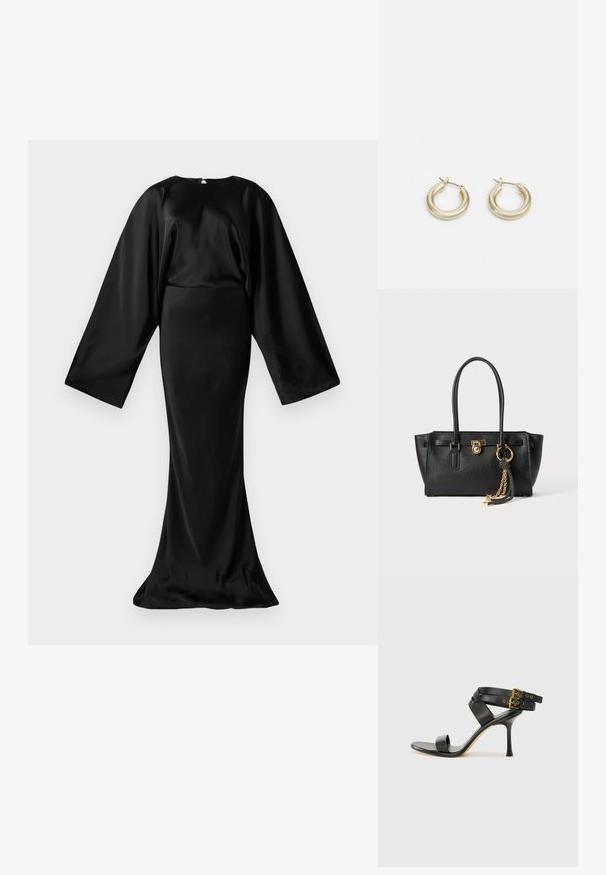 Vestido longo de satin preto com amplas mangas morcego e uma saia ajustada em estilo sereia sobre um fundo branco.; Sandal preto de salto alto com tiras cruzadas e fivela ajustável. Apresenta uma textura suave e um salto agulha afilado.; Bolsa de pele preta com alças duplas, fecho dourado e detalhe em corrente, além de um acessório de tassel preto e branco, contra um fundo branco.; Lauren Ralph Lauren BASIC SMALL HOOP - Brincos - gold-coloured