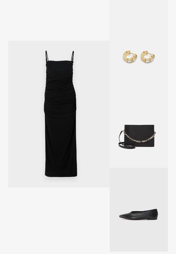 Vestido maxi preto com franzidos, alças finas e silhueta ajustada. Feito de um tecido suave e liso com um leve stretch para conforto.; Bailarina de couro preto, bico fino, design minimalista, textura suave, salto baixo, sem hardware ou embelezamentos visíveis.; Bolsa crossbody de couro preto com uma textura suave, forma retangular e um detalhe em corrente metálica na frente. Inclui uma alça ajustável.; Brincos de argola dourados com um design texturizado e três cristais transparentes em um lado, oferecendo uma estética geométrica moderna.