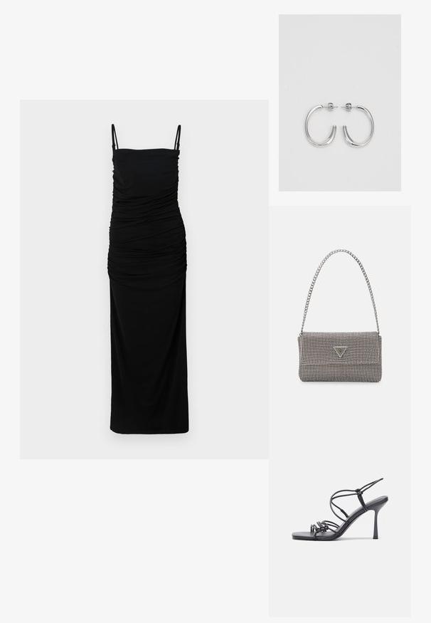 Fekete, ráncolt maxi ruházat vékony vállpántokkal és testhez simuló szilhouettel. Puha, sima anyagból készült, enyhe rugalmassággal a kényelem érdekében.; Fekete magas sarkú szandálok vékony pántokkal, csomózott mintával, sima négyzetes orral és karcsú stiletto sarkal rendelkeznek.; Világosszürke fémes kézitáska lánc pánttal, kis kör alakú fém kifinomult díszítéssel és háromszög alakú márkagéppel.; Ezüst karika fülbevalók sima, fényes felülettel. Lekerekített forma, könnyű kialakítással, tűs zárómechanizmussal.
