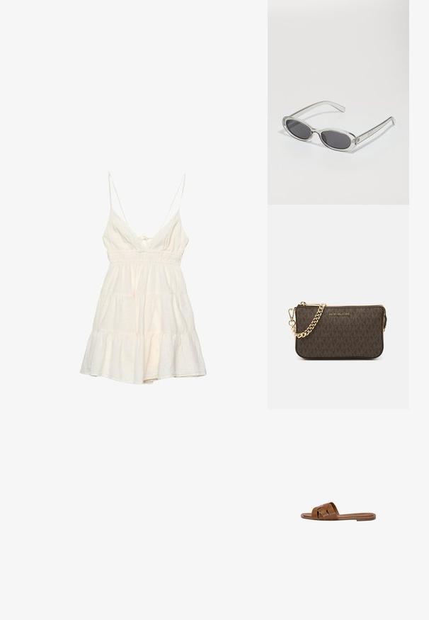 Svetle krémové sluneční šaty s tenkými ramínky, hlubokým výstřihem do V, smockovaným pasem a sukní s vrstvami volánků. Vyrobeno z texturované bavlněné směsi.; Hnědé kožené skluzné sandály s kříženými pásky, plochou podrážkou a hladkým povrchem. Jednoduchý design bez ozdob a vzorů.; Sluneční brýle s oválným tvarem, průhledným plastovým rámem, tmavě šedými skly a tenkými průhlednými stranami s akcenty loga a minimálními detaily.; Hnědá kožená crossbody taška s logem, zlatým řetízkem, zipovým uzávěrem a zlatými akcenty. Kompaktní a obdélníkový tvar.