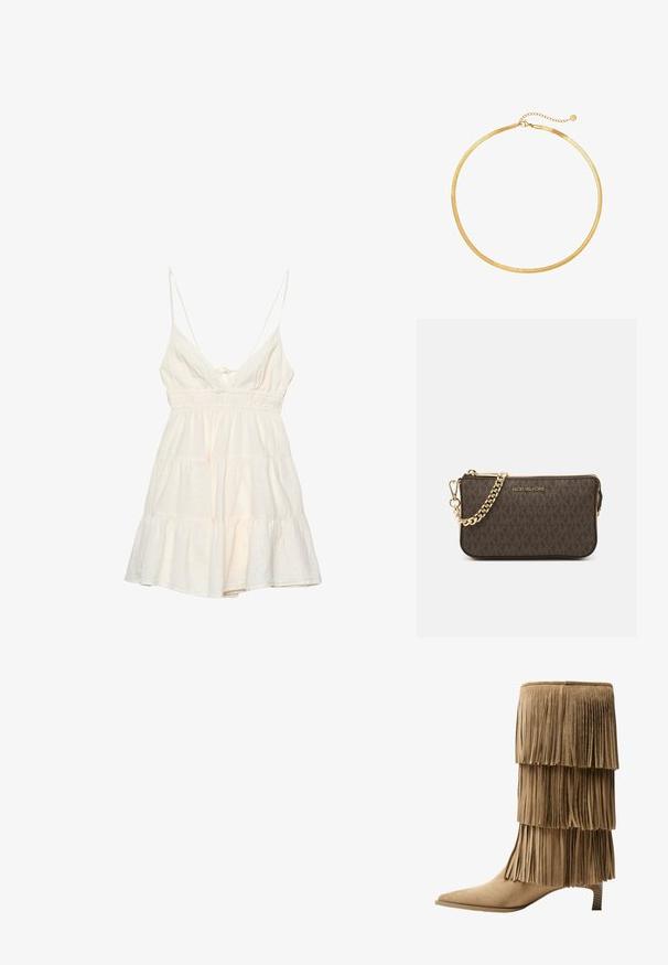 Lichte crèmekleurige jurk zonder mouwen met dunne spaghettibandjes, een diepe V-hals, een smocktail en een tiered rimpelrok. Gemaakt van een textuur katoenmix.; Franje enkellaars in tan suède met drie gelaagde franjes. V pointed toe en een lage blokhak. Gladde textuur overal.; Bruin leren schoudertas met logo-patroon, gouden kettingband, ritsluiting en gouden hardwareaccenten. Compacte en rechthoekige vorm.; Gouden maas choker ketting met een platte, flexibele vormgeving. Heeft een kettinguitbreiding voor aanpasbare lengte. Soepele textuur, minimalistische uitstraling.