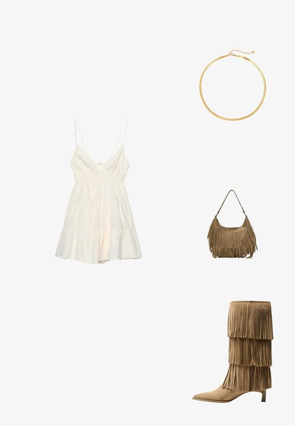 Svijetla krem haljina bez rukava s tankim trakicama, dubokim V-izrezom, smuštenim strukom i slojevitom volan haljinom. Napravljena od teksturiranog pamuka.; Kratka čizma od tan sueda s tri sloja rese. Oštri vrh i niska blok peta. Glatka tekstura kroz cijelu čizmu.; Smešena smeđa suđena torba s dugim resicama, zakrivljenim oblikom i jednim remenom za rame. Ima glatku, teksturiranu površinu.; Zlatna mrežasta choker ogrlica s ravnim, fleksibilnim dizajnom. Ima lanac za produženje koji omogućuje prilagodljivu duljinu. Glatka tekstura, minimalistički izgled.