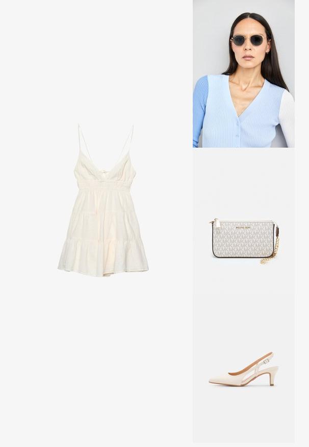Robe d'été légère en crème avec des bretelles spaghetti fines, un décolleté en V profond, une taille smockée et une jupe à volants superposés. Fabriquée à partir d'un mélange de coton texturé.; Talons aiguilles blanches à bride arrière avec un bout pointu, un dessus lisse, un petit talon carré et un design avec découpes latérales et sangle réglable.; Lunettes de soleil rondes avec verres sombres et monture en or. Le modèle porte un cardigan à côtes bleu clair avec des boutons et des manches blanches contrastantes.; Porte-monnaie Michael Kors en toile enduite beige avec un motif répété de logo MK, des accessoires en or et une bandoulière en chaîne amovible.