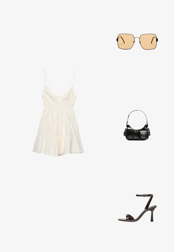 Svijetla krem haljina bez rukava s tankim trakicama, dubokim V-izrezom, smuštenim strukom i slojevitom volan haljinom. Napravljena od teksturiranog pamuka.; Smeđi lakirani kožni sandali s visokim potpeticama, remenom oko članka, otvorenim prstima i elegantnim, minimalističkim dizajnom. Imaju kvadratnu potpeticu.; Kvadratne sunčane naočale s smešnim staklima i tankim okvirom od crnog metala. Imaju uglaste tempore i podešive noseče jastučiće za udobnost.; Crna patentna kožna torba s zakrivljenim oblikom, jednim remenom za rame, prednjim džepovima i akcentima od srebrnog tona.