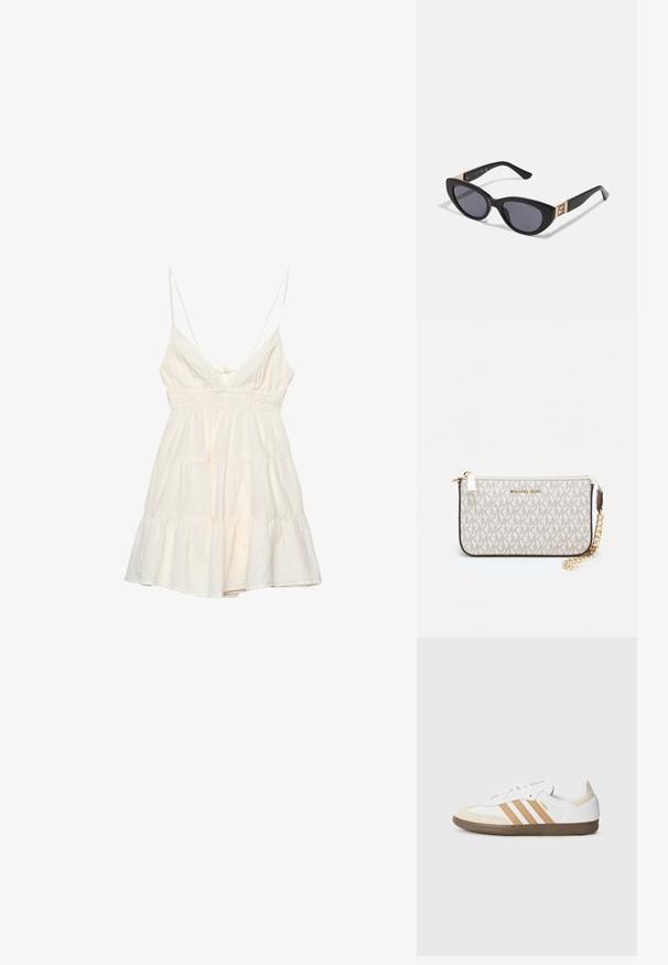 Light cream sundress with thin spaghetti straps, a deep V-neck, smocked waist, and tiered ruffle skirt. Made from a textured cotton blend.; White leather sneakers with tan suede accents and three white stripes. Features a textured brown rubber sole and gold logo detail.; Guess Sunglasses - shiny black; Michael Kors wristlet in beige coated canvas featuring a repeating MK logo pattern, gold hardware, and a detachable chain strap.