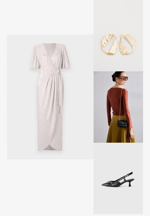 Rochie înfășurată argintie strălucitoare cu mâneci evazate, până la genunchi, cu un brâu legat și o textură subtilă pentru un plus de detaliu.; Pantofii slingback din piele neagră, cu vârful ascuțit, curele decorative cu ochiuri din metal și toc bloc mic. Suprafață texturată.; Vivienne Westwood SMALL PURSE CHAIN - Geantă crossbody - black; O pereche de cercei din metal de culoare aurie, cu formă ovală neregulată, având o suprafață texturată, ușor ciocănită, pe un fundal alb.