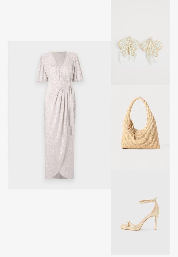 Svetleča srebrna obleka ovitek z razpršenimi rokavi, dolžine do kolen, s pasom na zavezovanje in subtilno teksturo za dodaten detajl.; Zlatne metalne sandale s visokom potpeticom, otvorenim prstima, kaišom oko gležnja s kopčom i platformom za dodatnu visinu. Glatka tekstura.; Tkanirana bež torba z ukrivljenim ročajem, teksturirano površino in rjavim detajlom s pomponom. Ima ohlapen, hobo obliko.; Uhani v obliki cvetov z biserom in z zlatimi poudarki. Vsak cvetni list vsebuje majhne, okrogle bisere razporejene v cvetličnem vzorcu z visečimi bisernimi podrobnostmi.