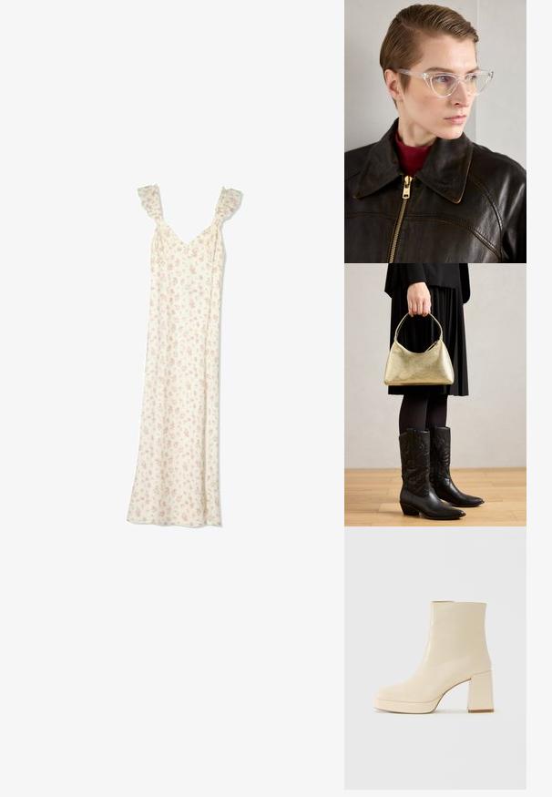 Hosszú fehér ruha kicsi rózsaszín virágmintával, fodros vállpántokkal és V-nyakkivágással.; Beige bőr bokacsizma bársonyos felülettel, tömbsarokkal és platform talppal, enyhén szögletes orral, balra nézve, fehér háttér előtt.; Átlátszó acetát cica szemüveg sárga árnyalatú lencsékkel, sötét bőrkabátot és vörös garbót viselő személyen. Sima felület.; Arany textúrájú kézi táska, ívelt formával és rövid pánttal, amelyet egy fekete pliszírozott szoknyát és fekete bőr cowboy csizmát viselő személy tart.