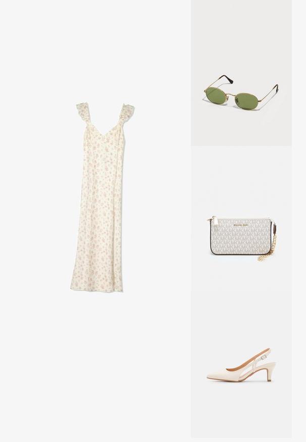 Hosszú fehér ruha kicsi rózsaszín virágmintával, fodros vállpántokkal és V-nyakkivágással.; Fehér slingback sarok, hegyes orral, sima felső anyaggal, alacsony blokk sarkával és oldalsó kivágott dizájnnal, állítható csatpánttal.; Ovális napszemüveg zöld lencsékkel, arany színű fém kerettel és sötétbarna műanyag végződésekkel. Könnyű, az egyik lencsén látható Ray-Ban logóval.; Michael Kors bézs bevonatos vászon karkötő, amely ismétlődő MK logó mintával, aranyszínű fémrészletekkel és levehető lánchordóval rendelkezik.