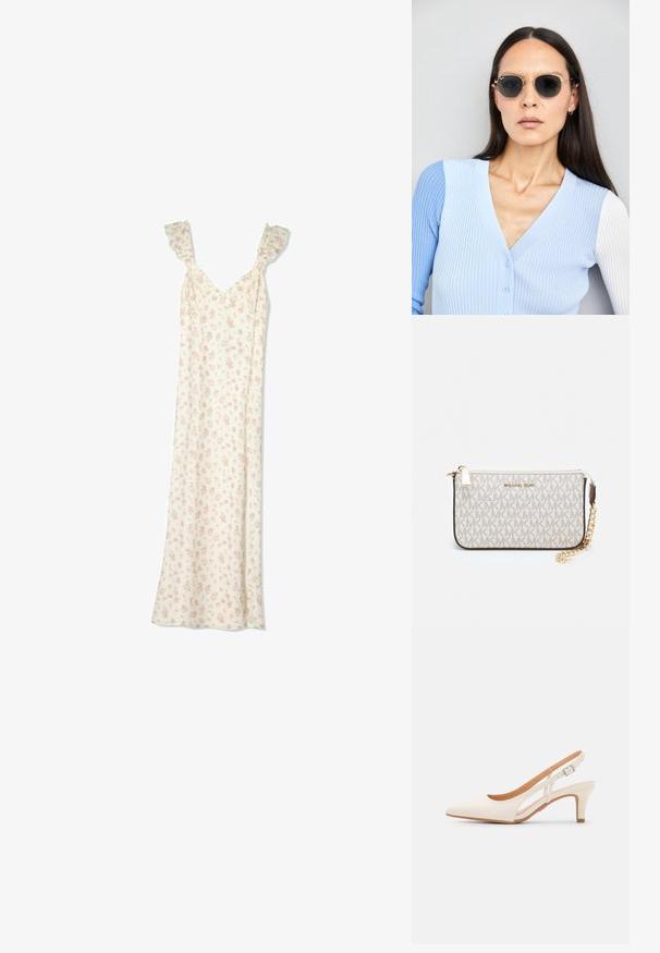 Dlouhé bílé šaty s malým růžovým květinovým potiskem, s volány na ramínkách a výstřihem ve tvaru V.; Bílé lodičky na podpatku s špicatou špičkou, hladkým svrškem, nízkým blokovým podpatkem a designem s bočním výřezem se stahovací sponou.; Kulaté sluneční brýle s tmavými čočkami a zlatými rámy. Modelka má na sobě světle modrý žebrovaný kardigan s knoflíky a kontrastními bílými rukávy.; Kabelka na zápěstí Michael Kors v béžové potažené plátno s opakujícím se vzorem loga MK, zlatými kovovými doplňky a odnímatelným řetízkovým popruhem.