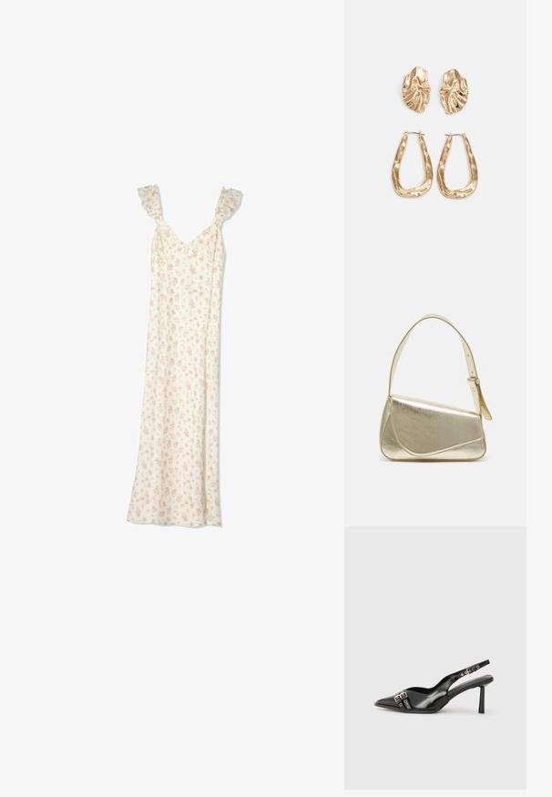 Rochie lungă albă cu imprimeu floral mic în tonuri de roz, cu bretele volănașe și decolteu în V.; Pantofii slingback din piele lăcuită neagră, cu vârf ascuțit, bretele pentru gleznă cu catarame și accesorii din argint, și un toc subțire.; Geantă de umăr metalică aurie cu un design structurat, textură netedă și curea reglabilă. Prezintă o formă triangulară unică și cusături minimaliste.; Cercei aurii cu forme texturate și ondulate. Include studs sculpturale cu clip și un design de cerc deschis cu un finisaj cioplit.