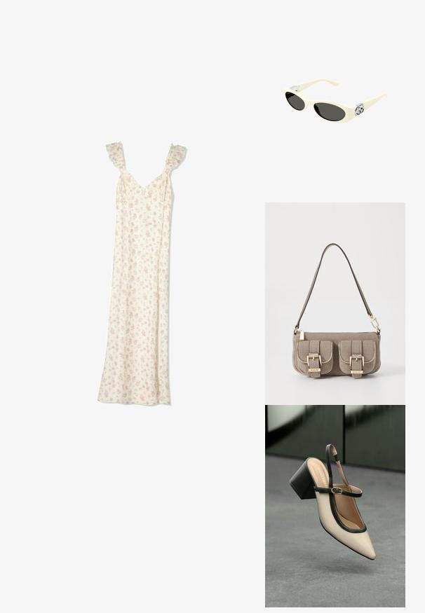 Dlouhé bílé šaty s malým růžovým květinovým potiskem, s volány na ramínkách a výstřihem ve tvaru V.; Beige boty s špičatou špičkou a otevřenou patou, černými detaily, zlatou přezkou a silným blokovým podpatkem, na šedé podlaze s tmavě zeleným pozadím.; Námořnické sluneční brýle krémové barvy s oválnými skly, černým zabarvením a kovovými logovými akcenty na spáncích. Hladký povrch, design ve stylu kočičích očí.; Béžová texturovaná kabelka s nastavitelným popruhem, dvěma předními kapsami uzamčenými sponami a zlatými akcenty. Uzavření na zip nahoře.