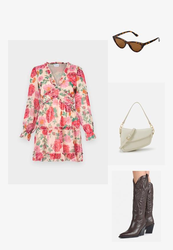 Rochie florală în tonuri pastelate, cu modele roz și vernil. Prezintă accente ondulate, mâneci lungi și un decolteu adânc în V pentru un plus de detaliu.; Bocanci de cowboy din piele maro, cu vârf ascuțit și toc pătrat, având cusături detaliate și accente ridicate pe tijă.; Ochelari de soare în stil cat-eye, cu o ramă din material cu tortoiseshell negru și portocalie, lentile maro și vârfuri elegante, ascuțite. Prezintă un logo minimal pe brățara ochelarilor.; Geantă mică de crem cu un finisaj texturat, curea lungă și ajustabilă, accent cu lanț și închidere cu clapetă. Detalii din hardware aurie.