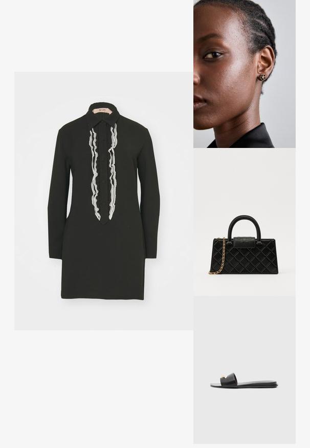 Black dress featuring a collared neckline, long sleeves, and a front placket embellished with zigzag silver trim. Smooth fabric texture.; Black slide sandals with a wide upper, smooth leather texture, open toe design, and gold accent detail on the strap. Flat sole.; Black handbag made of textured leather, featuring a diamond pattern, gold-tone chain strap, and a top handle with a logo-embossed flap closure.; Gold floral stud earring features a textured black center and delicate detailing. Model's clear skin and braided hair are visible in profile.