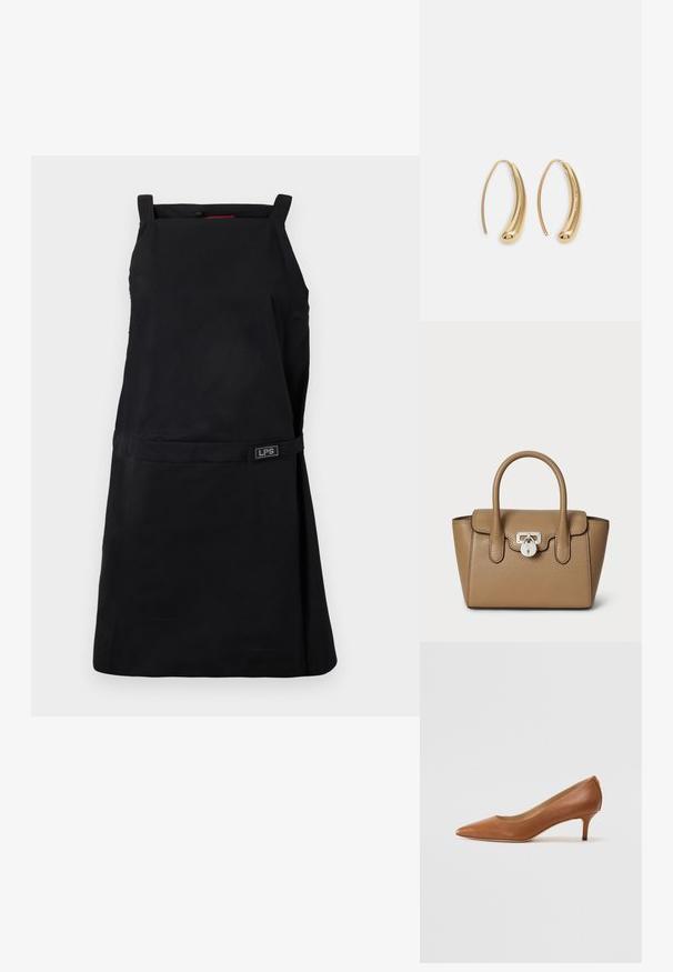 Svart forkle med firkantet halslinje, justerbare stropper og midjebånd. Har en LPS-logo på forsiden. Glatt og slitesterkt stoff.; Lauren Ralph Lauren ADRIENNE - Klassiske pumps - deep saddle tan; Lauren Ralph Lauren PEBBLED LEATHER SMALL TANNER SATCHEL - Håndveske - camel; Gullfargede metalløredobber med en buet, forlenget form. Har en jevn, blank overflate og en avrundet tupp for ekstra detaljer.