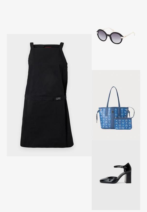 Sania neagră cu decolteu pătrat, bretele ajustabile și o curea la talie. Are un accent cu logo-ul LPS pe față. Material neted și durabil.; Pantofi cu toc înalt din piele lăcuită neagră, cu vârf pătrat, curea pentru gleznă și toc gros. Include detalii perforate de-a lungul marginii.; Ochelari de soare din plastic negru cu lentile gri gradient, formă rotundă supradimensionată, brațe albe și un detaliu ușor ondulat în partea de sus.; Geantă de umăr albastră cu două mânere, având logo-urile MCM în relief și modele de diamante; include un pochem detasabil coordonat. Textură netedă.
